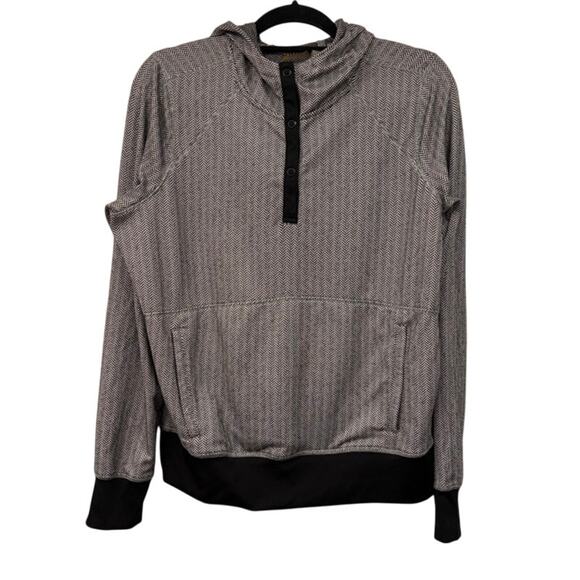 Zella Hooded Sweatshirt Womens Large Chevron Print Kangaroo Pocket Black Grey - Picture 1 of 8